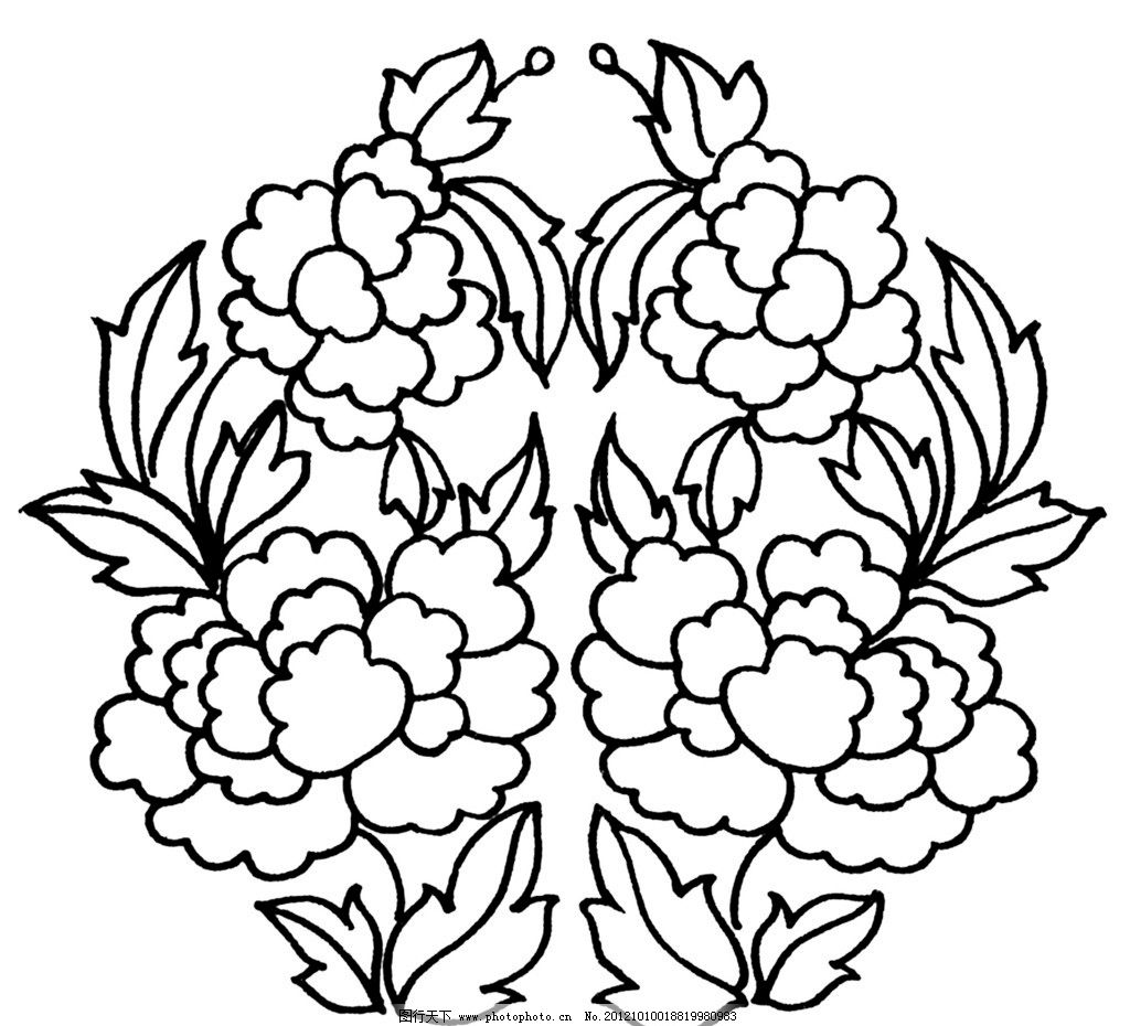 荷花牡丹吉祥图案白描