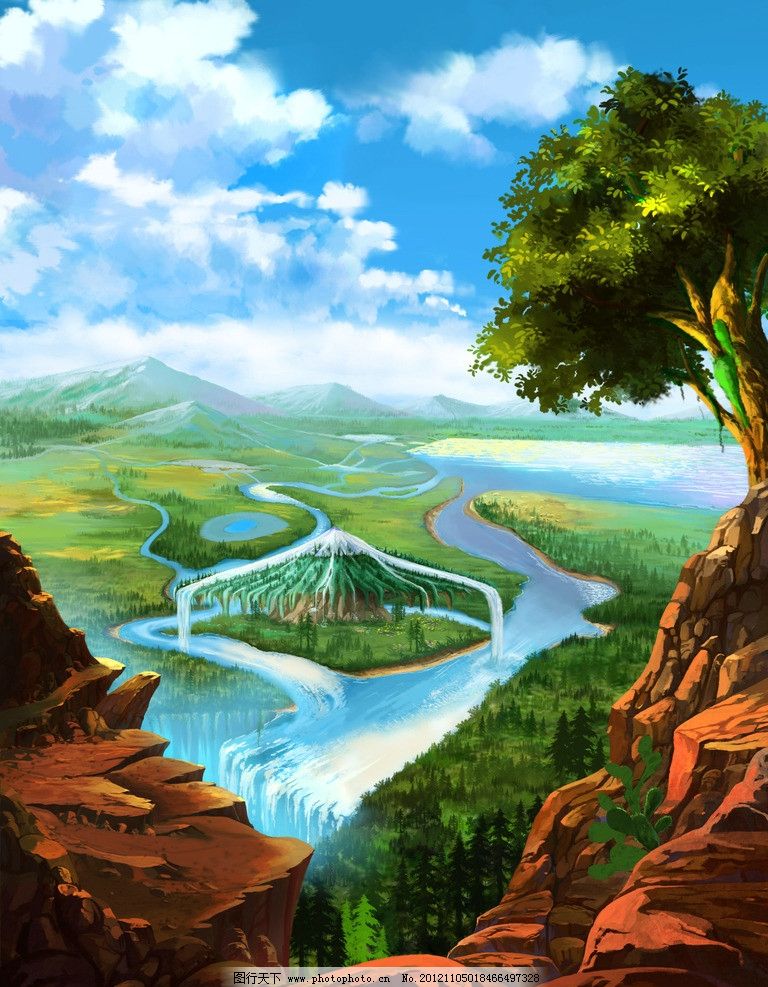 卡通山水风景 河流 树木 高山 动画 背景 蓝天 白云 森林 动漫动画