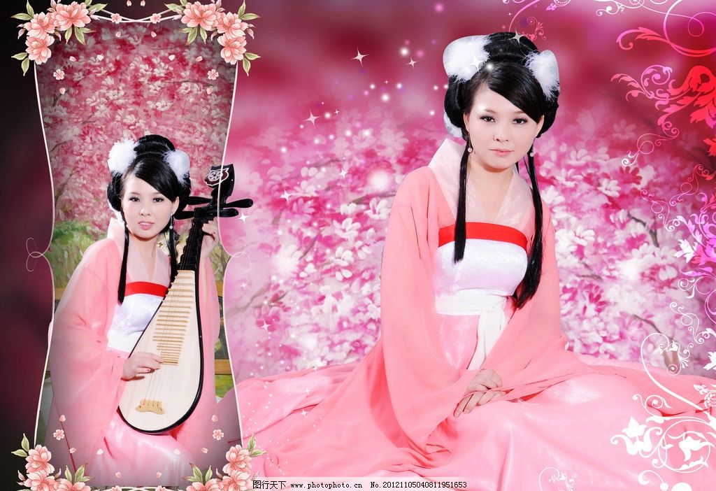 古装 美女 古典 粉色 桃花 花纹 琵琶 花朵 人物图库 人物写真