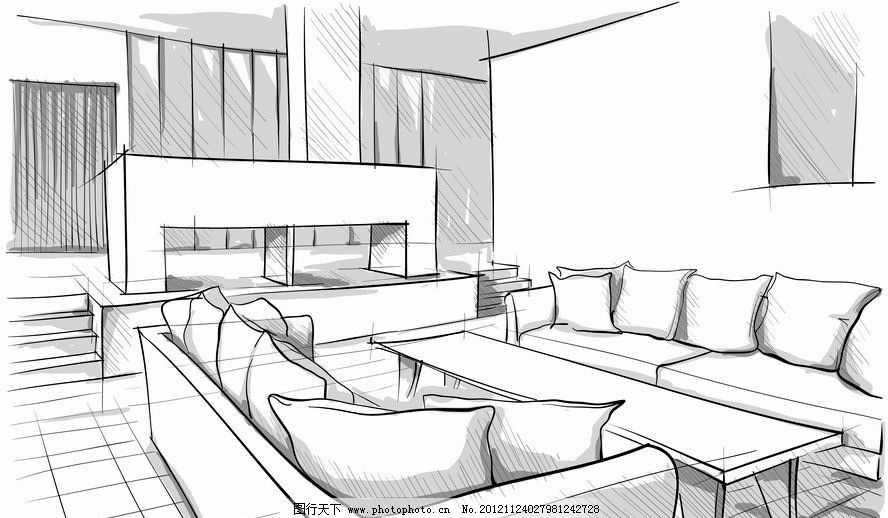 素描客厅室内设计 沙发 茶几 插画 手绘 欧式 时尚 梦幻 背景