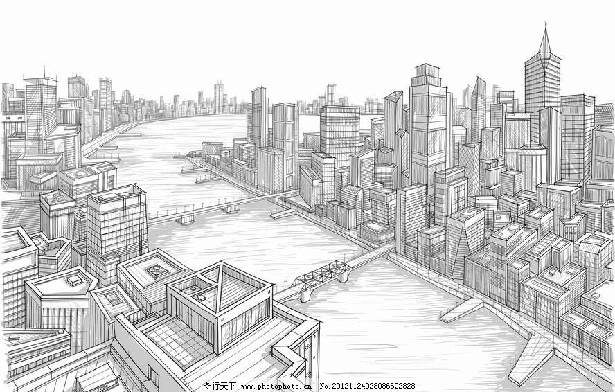 素描沿海城市建筑群 桥梁 高楼 大厦 都市 手绘 背景 矢量 城市建筑