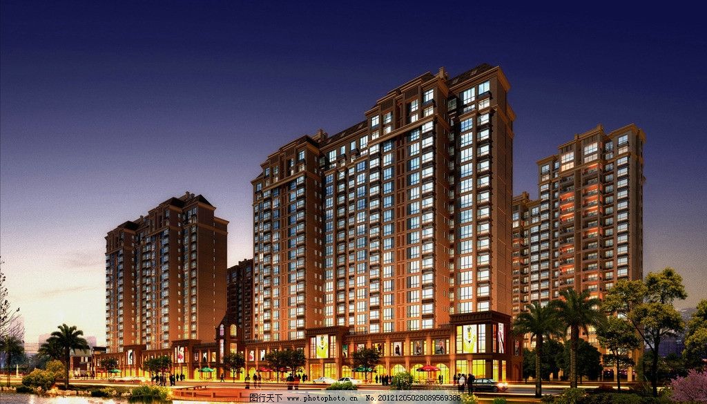 沿街夜景透视图 效果图 欧式 住宅