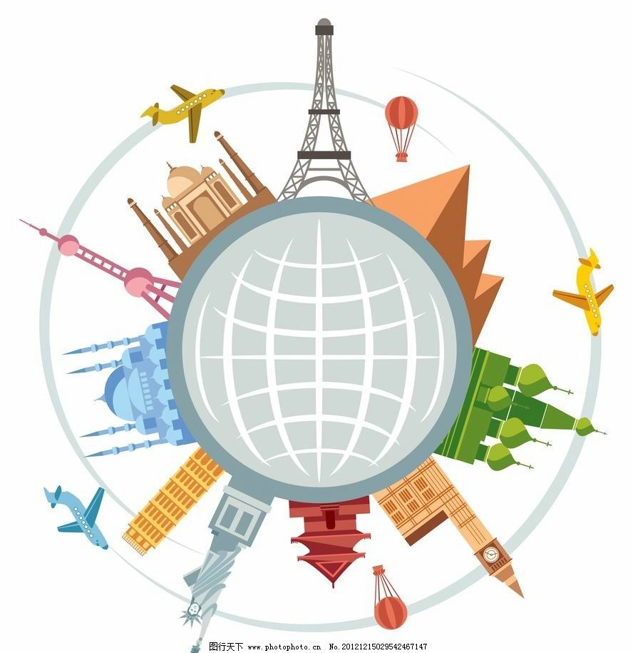 环球旅行背景 飞机 世界名胜 世界各地 金字塔 巴黎铁塔 比萨斜塔 罗马教堂 旅游 度假 旅行 地球 全球 出行 出差 时尚 享受 休闲 生活 卡通 插画 潮流 梦幻 背景 底纹 矢量 旅游主题 广告设计 EPS