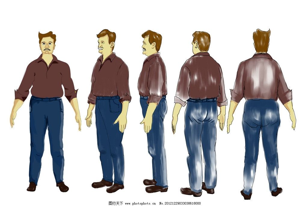 人物五视图 动漫人物设计 人物侧面 正侧面 背面 四分之三侧面 四分之
